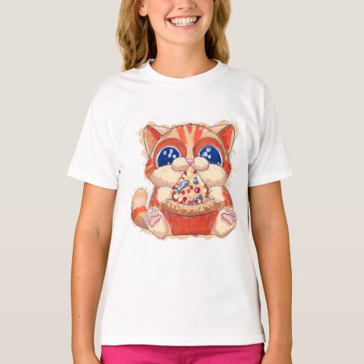 Kat Eten Pizza kleur T-shirt (Voorkant)