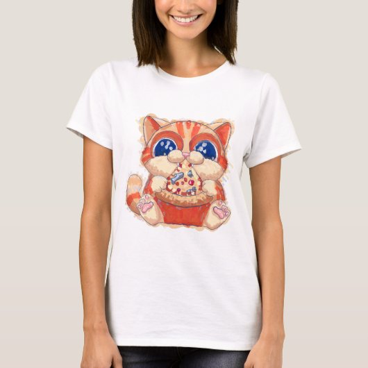Kat Eten Pizza kleur T-shirt (Voorkant)