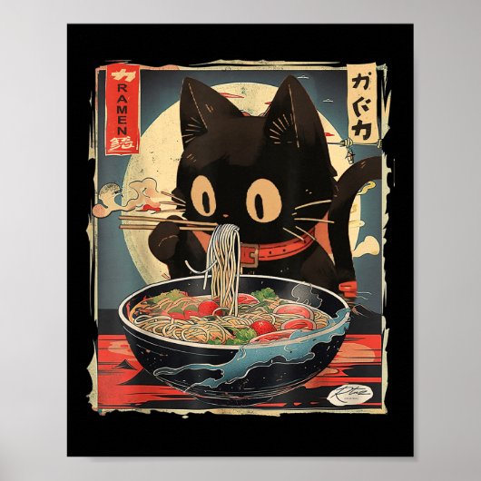 Kat Eten Ramen Noodle Grappig Japans Kawaii Anim Poster (Voorkant)