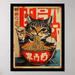  Kat Eten Ramen Noodles Japanse Kunst Poster