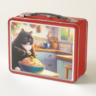 Kat eten rijst gebakken in een keuken Metal Lunchb