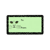 Kat Face Green Eyes Black Polka Dot Border Etiket (Voorkant)