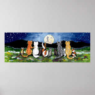 Kat Familie kijkt Moon Night Poster Navy Tabby