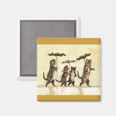 Kat familie met paraplu's lopen in sneeuw magneet (Voorkant / Achterkant)