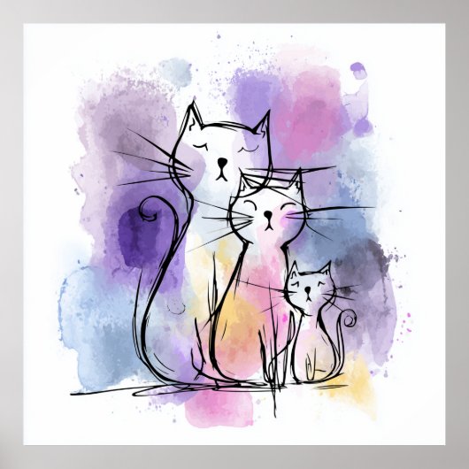 Kat Familie Watercolor Giclee Poster Wandschilderi (Voorkant)