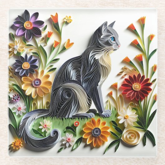 Kat Faux Papier Quilling Kat en Bloemen Glazen Onderzetter (Voorkant)