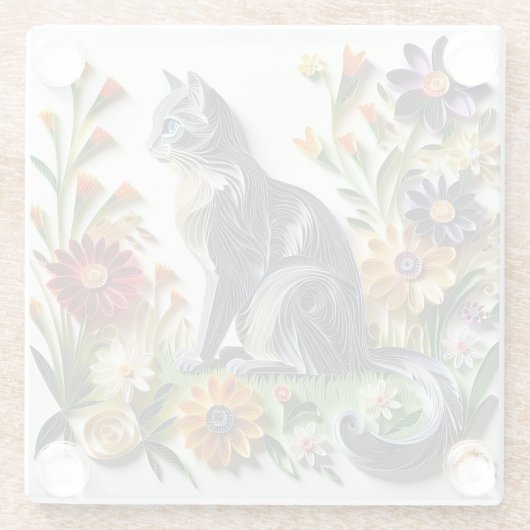 Kat Faux Papier Quilling Kat en Bloemen Glazen Onderzetter (Achterkant)