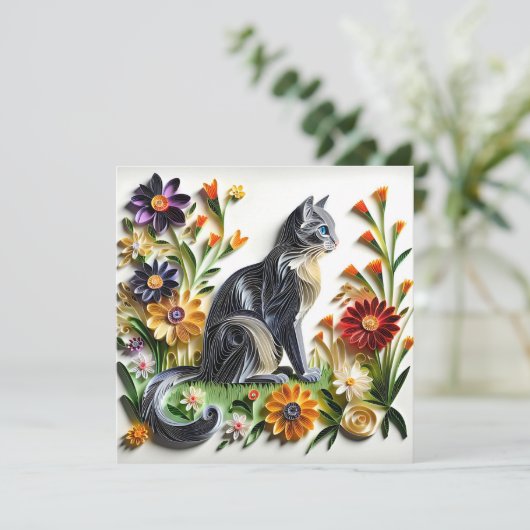 Kat Faux Papier Quilling Kat en Bloemen Kaart (Staand voorkant)
