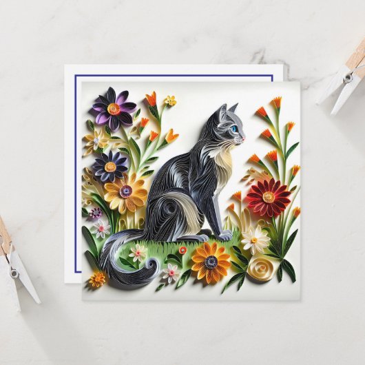 Kat Faux Papier Quilling Kat en Bloemen Kaart (Voorkant / Achterkant in situ)