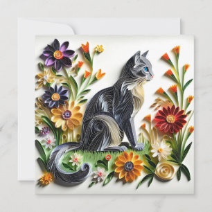 Kat Faux Papier Quilling Kat en Bloemen Kaart
