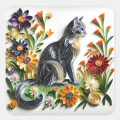 Kat Faux Papier Quilling Kat en Bloemen Vierkante Sticker (Voorkant)