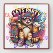 Kat feesten met skateboard en drink vierkante klok (Voorkant)