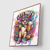 Kat feesten met skateboard en drink vierkante klok (Hoek)