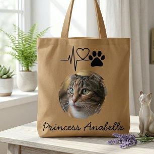 Kat foto hartslag beige tote bag