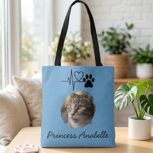 Kat foto hartslag lichtblauw tote bag