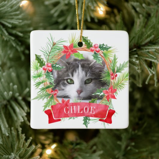 Kat foto Holly Wreath Keramisch Ornament (Boom)