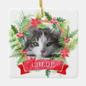 Kat foto Holly Wreath Keramisch Ornament (Voorkant)