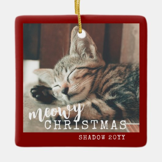 Kat Foto Meowy Kerstmis Rustic Red Keramisch Ornament (Voorkant)