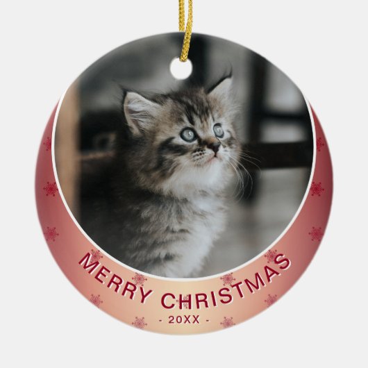 Kat Foto Red Snowflake Metallic Kerstmis Keramisch Ornament (Voorkant)