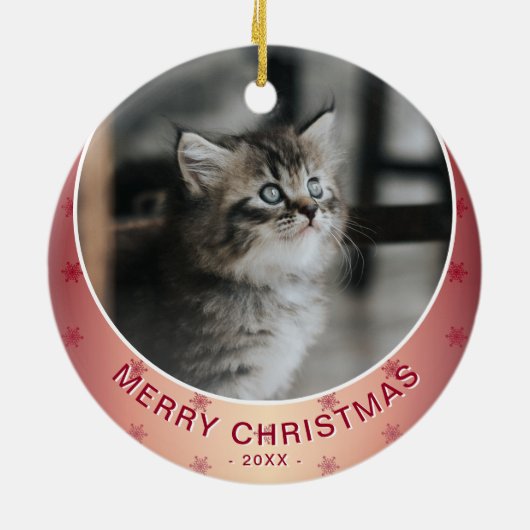 Kat Foto Red Snowflake Metallic Kerstmis Keramisch Ornament (Achterkant)