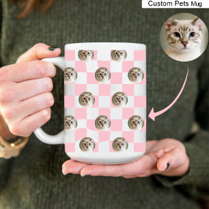 Kat Fotocollage Licht Roze Plaid Patroon Koffie Mok