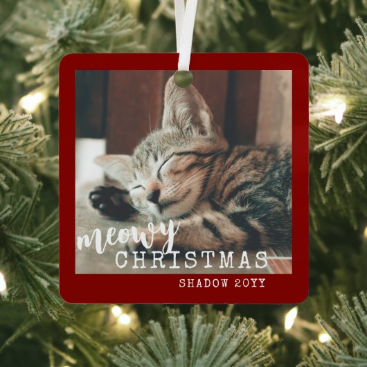 Kat Foto's Meowy Kerstmis Rustic Red Metalen Ornament (Insitu)