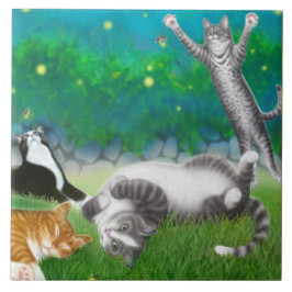 Kat Fun met Fireflies Tile Tegeltje