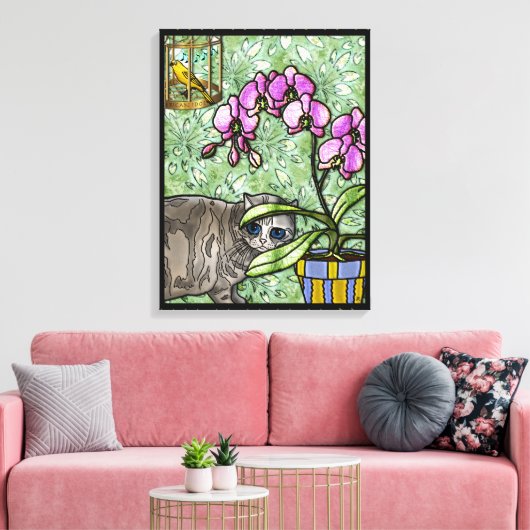 Kat, Fuschia & Tweet (Galerij omwikkeld doek) Canvas Afdruk (Insitu (Woonkamer))