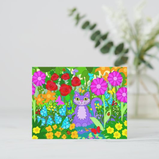 Kat Garden Colorful Flowers Butterflies Ladybugs Briefkaart (Staand voorkant)