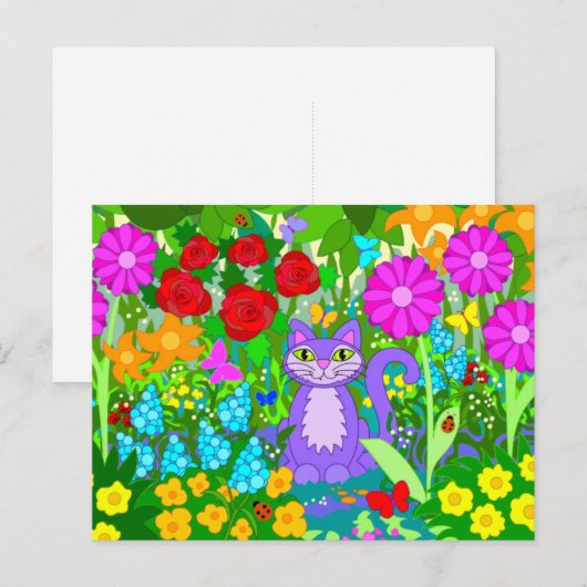Kat Garden Colorful Flowers Butterflies Ladybugs Briefkaart (Voorkant / Achterkant)