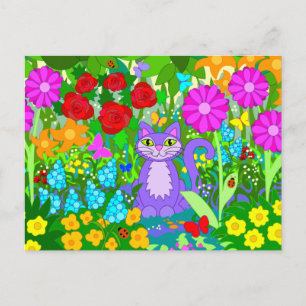Kat Garden Colorful Flowers Butterflies Ladybugs Briefkaart