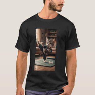 Kat Gekleed Als Martial Artist Doet Hoge Trap In L T-shirt