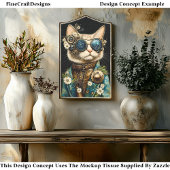 Kat gekleed in jas met madeliefjes Y9 decoupage Tissuepapier