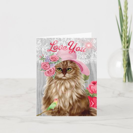 Kat gekleed in Pet voor Valentijnsdag Feestdagen Kaart (Voorkant)