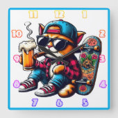 Kat geniet van een drink tijdens skateboarden in s vierkante klok (Voorkant)