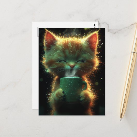 Kat geniet van wat koffie briefkaart (Voorkant / Achterkant in situ)