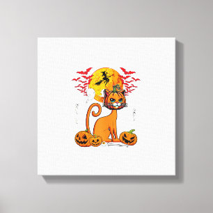 Kat Gesneden Pompoen Horror Hoofd Halloween Eigena Canvas Afdruk
