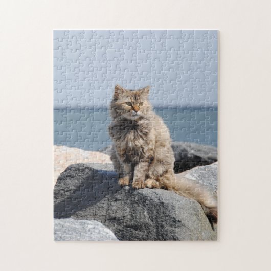 Kat geteisterd door de wind op zee legpuzzel (Verticaal)