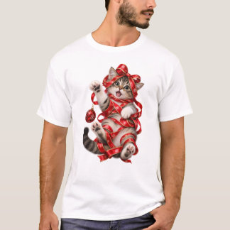 Kat gewikkeld in Kerstlint T-shirt