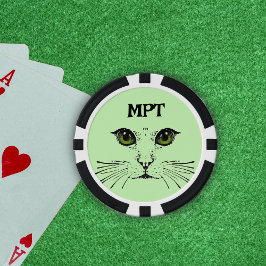 Kat Gezicht Geëtst in zwarte Groene Ogen Whiskers Poker Chips