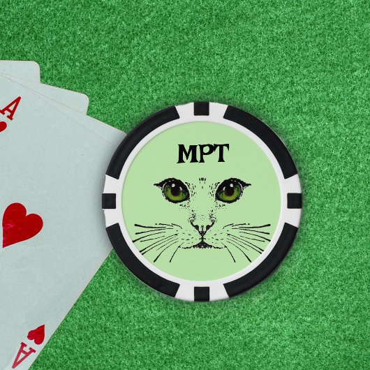 Kat Gezicht Geëtst in zwarte Groene Ogen Whiskers Poker Chips