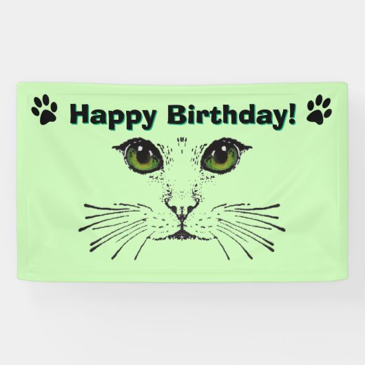 Kat Gezicht Whiskers Groene Ogen Paw Prints Verjaa Spandoek (Horizontaal)