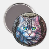 Kat Gezicht Zilverachtig Metallic Thema Magneet (Voorkant / Achterkant)