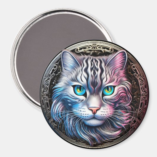 Kat Gezicht Zilverachtig Metallic Thema Magneet (Voorkant / Achterkant)