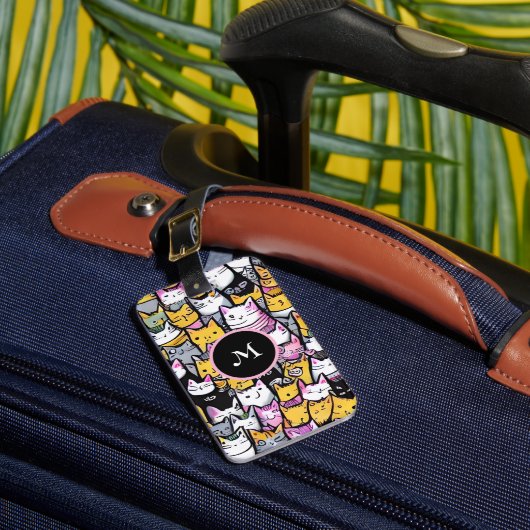 Kat gezichten doodle katachtige huisdieren katten  bagagelabel (Voorkant Insitu 1)