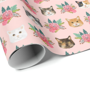 Kat gezichten roze floranje cadeaupapier