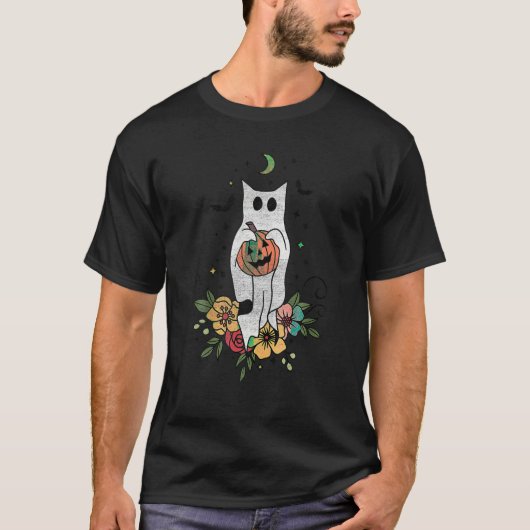 Kat Ghost Halloween Bloemen Groovy Pompoen T-shirt (Voorkant)