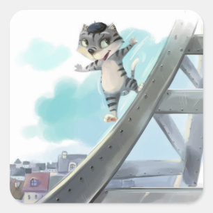 Kat Glijdt over Eiffeltoren – Paris Vierkante Stic Sticker