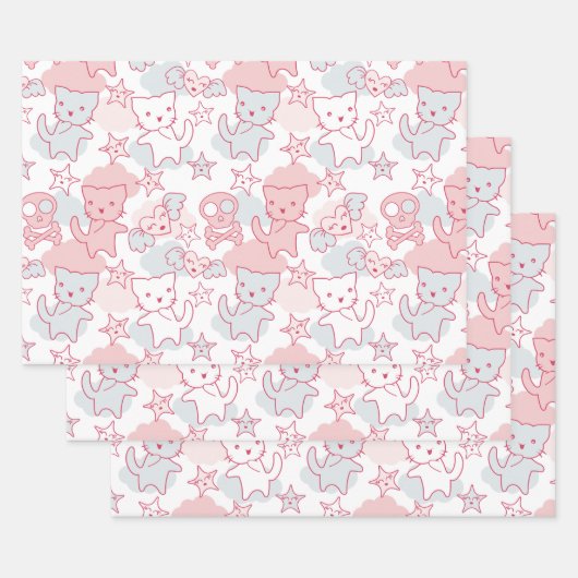 Kat Gothic schedel Japanse stijl Kawaii Hartwolk Inpakpapier Vel (Set)