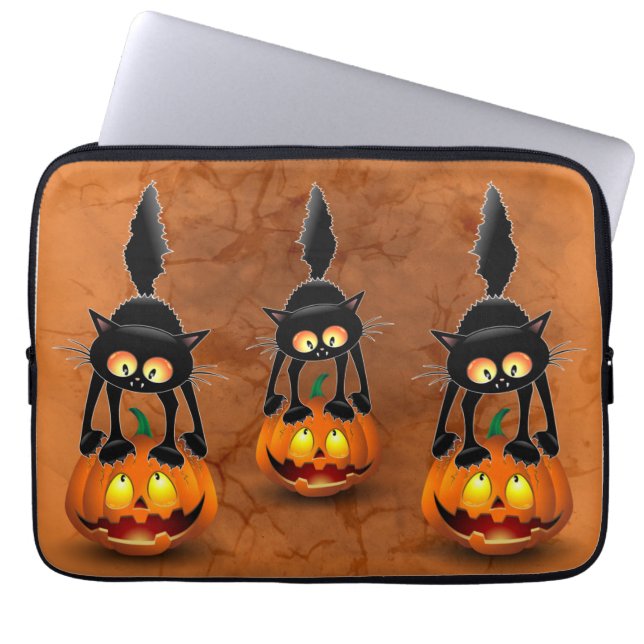 Kat Halloween Bang Cartoon op Pompoen Mini Baske Laptop Sleeve (Voorkant)